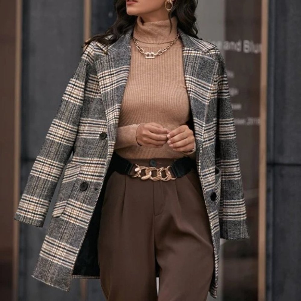 Classic Plaid Print double breasted Pea Overcoat jacket fall/winter - Picture 2 of 10